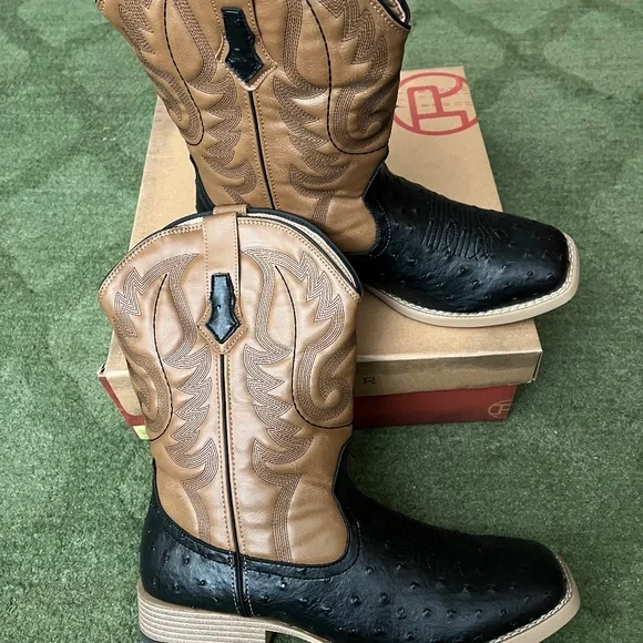 Roper Cowboy Boots Black Tan Leather Square Toe Size 13 - Picture 2 of 5